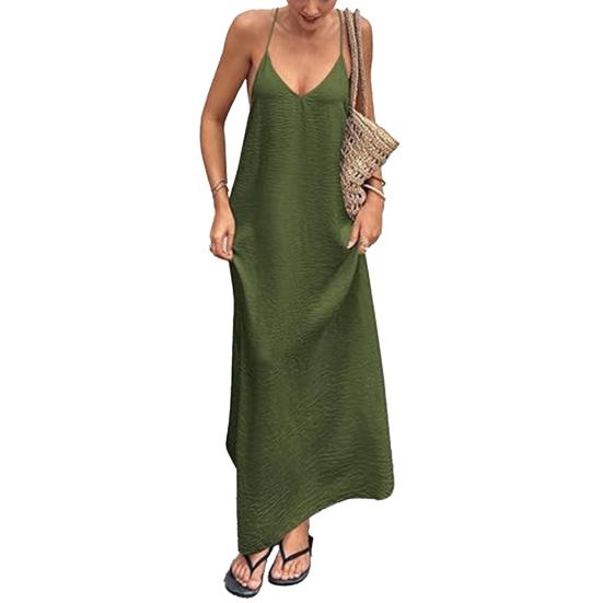 Abito Sexy da Donna Senza Schiena Scollo a V con Laccetto Senza Maniche Maxi Abito Estivo da Spiaggia Abito Lungo Ampio