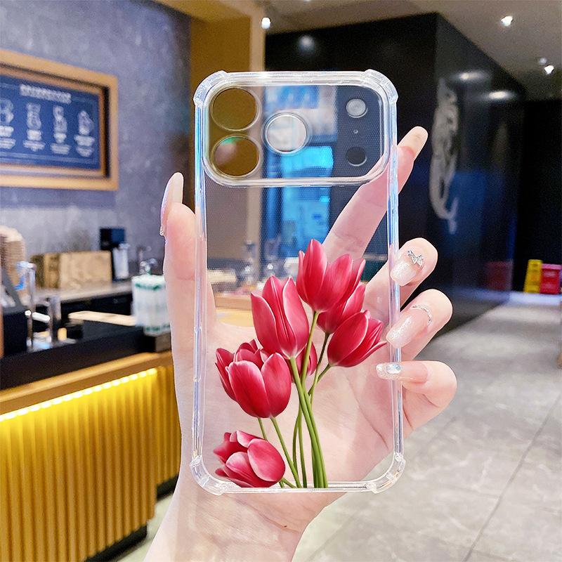 Factory Ins Wind Red Tulip UV Painted Mobile Phone Case Apple 16promax Four Corners Anti-drop Protective Case