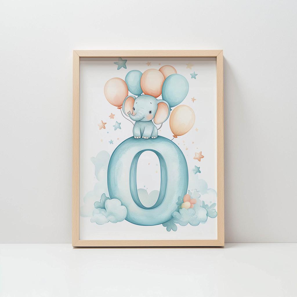 Plakat Słonik Na Chmurze Z Literą O Plakat Słonik Na Chmurze Z Literą O, 50X70 Cm, Rama Aluminiowa Złota, Papier Matowy 230 Gsm