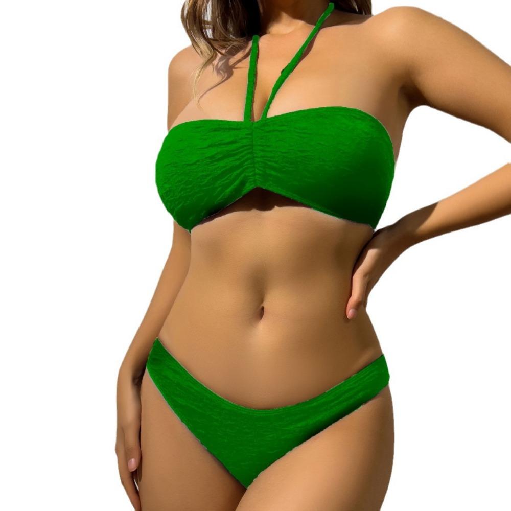 European and American Neck Split Swimsuit Bubble Cloth Solid Color Hollow Bikini Bikini