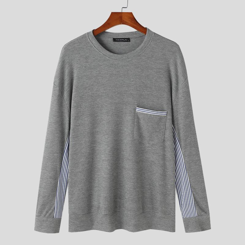 

INCERUN Мужские осенние толстовки с круглым вырезом и длинным рукавом в полоску в стиле пэчворк L серый