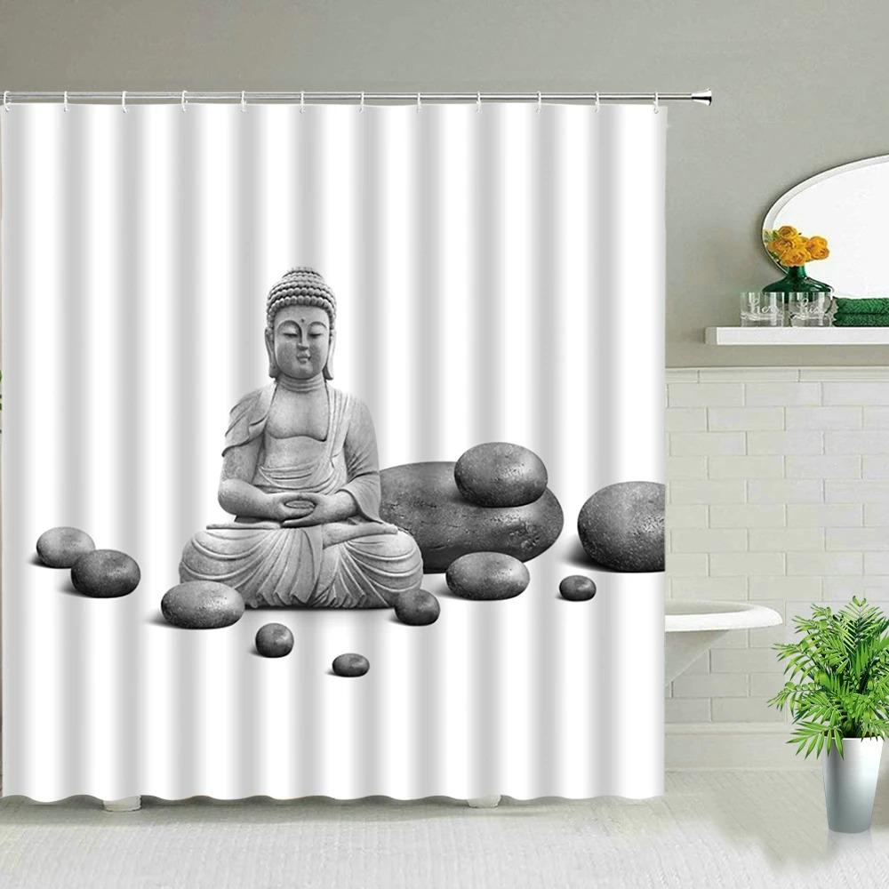 Zen Green Bamboo Buddha Shower Curtains Water Candle Stone Lotus Plant Garden Scenery 3D Home Decor Cloth Hooks Bathroom Curtain