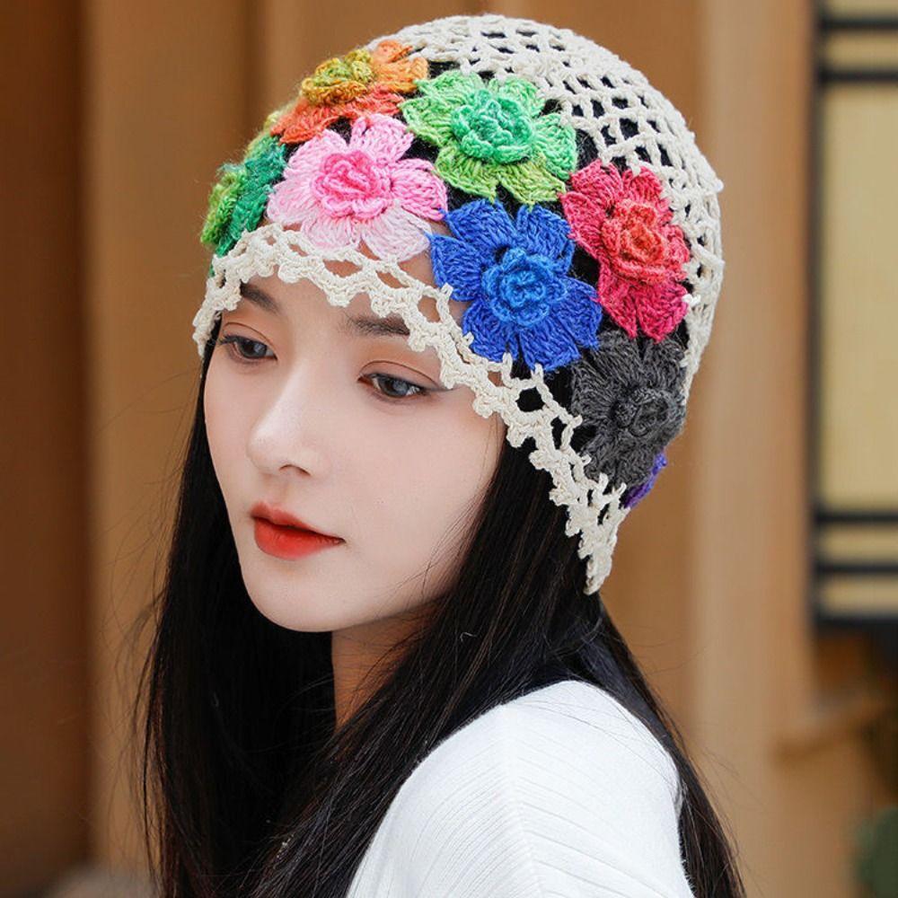 Colorful Beanie Cap Woolen Ethnic Style Pullover Hat Personality Flower Hollow Knitted Hat Girls