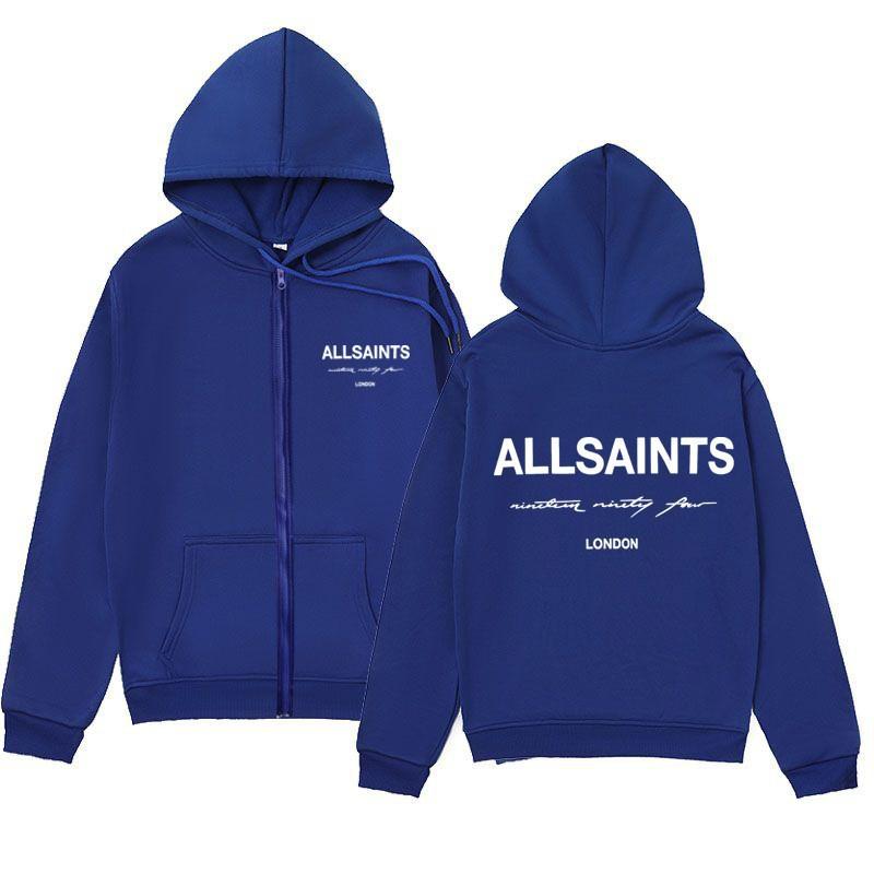 ALLSAINTS Letter Print Zip Up Hoodie Loose Drop Shoulder Casual Sweatshirt Men Women