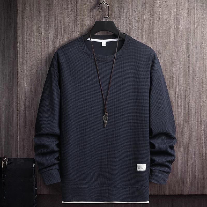 Fake Two Pieces Long-sleeved Embroidery Round Neck Loose and Too Large Casual Pullover Explosive Sweater Men's Solid Color