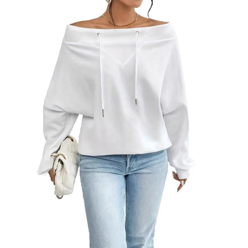 Women's Solid Off Shoulder Sweatshirt Drawstring Batwing Sleeve Top Spring Autumn Casual Streetwear