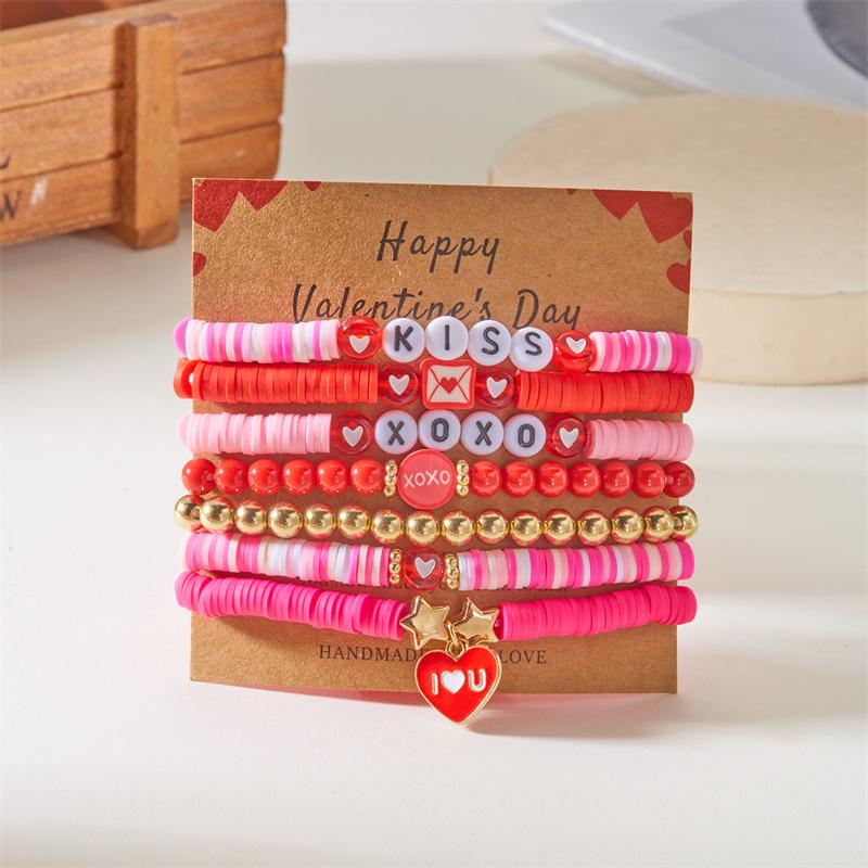 5/6/7Pcs/Set Bohemian Polymer Clay Beaded Bracelets for Women Romantic Sweet Pink Wristband Bangle Valentine's Day Jewelry Gift