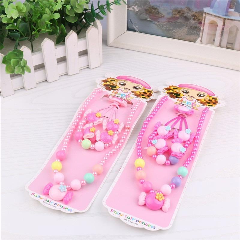 Set de joyería de dibujos animados para niñas - collar de princesa de perlas, anillo, pinza para el pelo y goma para el pelo, set de 5 piezas