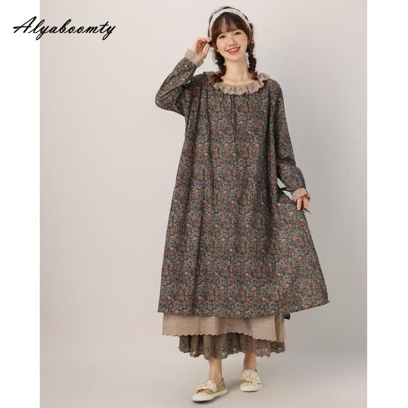 Japanisches Mori-Mädchen Frühling Herbst Damen Midikleid Rüschenkragen Blumendruck Patchwork Retro Kleid Vintage Baumwolle Leinen Stickerei Aushöhlen Kleid