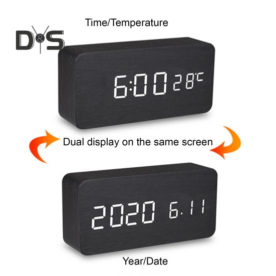 Dřevěný budík s velkým LED displejem Snadno čitelný Stmívatelný Odložení Digitální budík s ukazatelem teploty