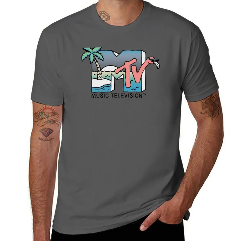 MTV Retro Beach Flamingo Scene Logo TShirt vintage Short sleeve tee cotton graphic tees black t shirts for men