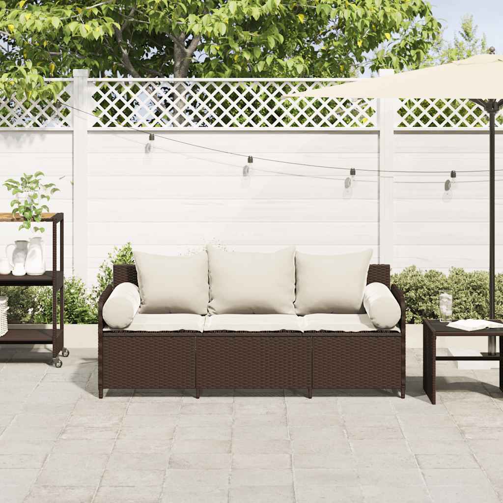Garden Sofa with Cushions 3 Seater Brown Poly Rattan