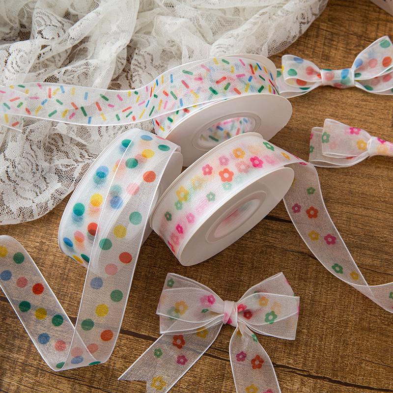 25Y Craft Bow 2.5cm Colorful Dot Beautiful Clear Yarn Ribbons DIY Gift Wrapping Supplies Lightweight Organza Ribbon