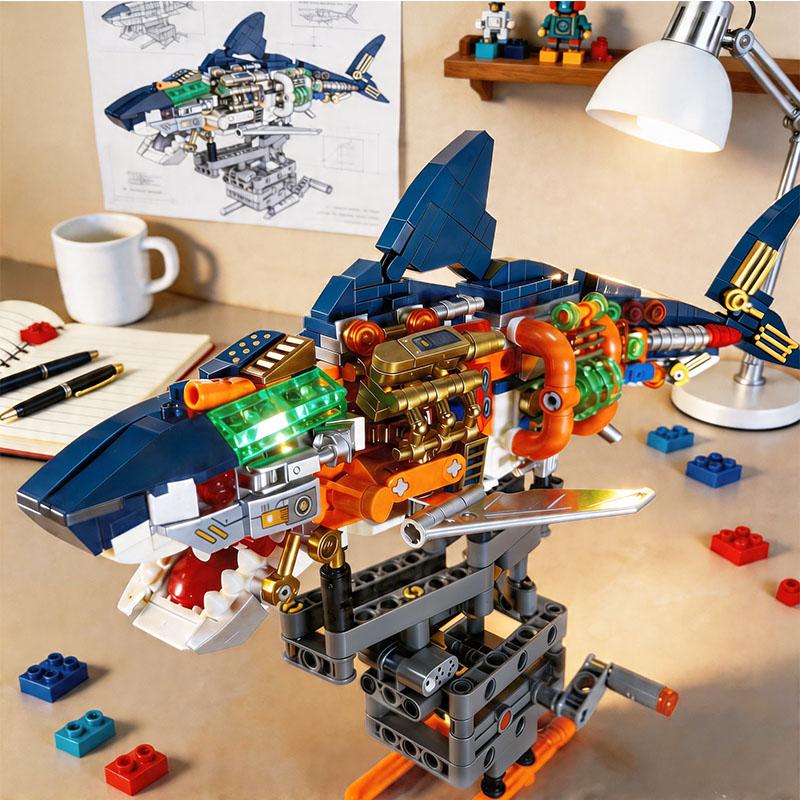 Mechanical Shark Brick Playset Brick Playset Animal Brick Playset MOC Shark Scale Ratio Model Children Toys Playsets Christmas Holiday Gift Present