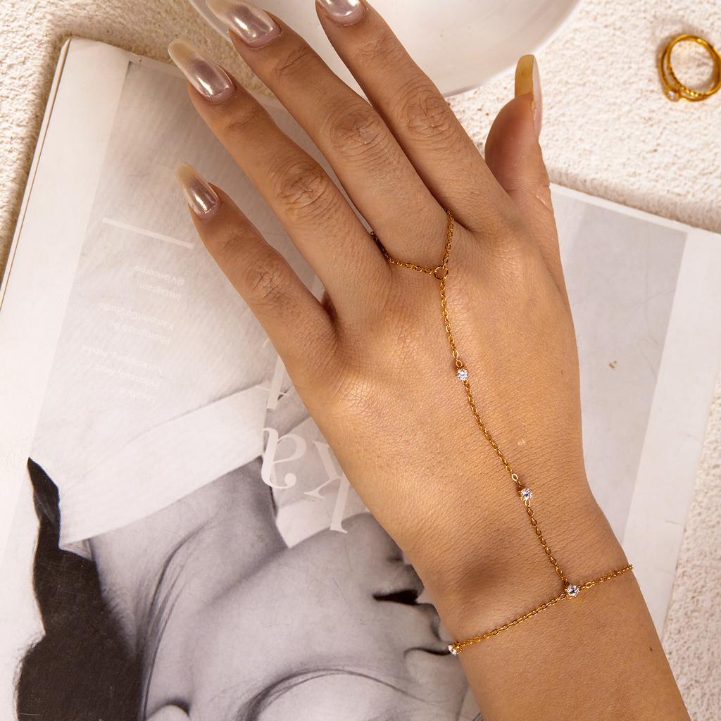 Boho Dainty Zircon Hand Harness for Women Stainless Steel Finger Ring Bracelet Layering Station Chain Summer Jewelry