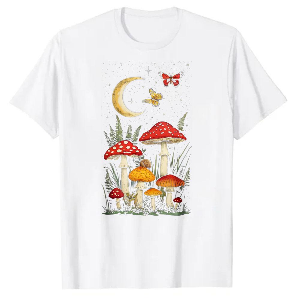Crewneck Short Sleeve Crop Fit Black Mushroom Forest Crescent Moon Butterfly Ferns Graphic Shirt Goblincore Cottagecore Witchy N