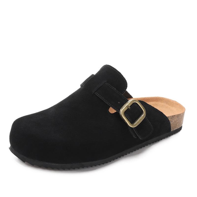 Anti suede cowhide toe wrapped Boken shoes with arched support made of cork worn for lazy women in semi slippers