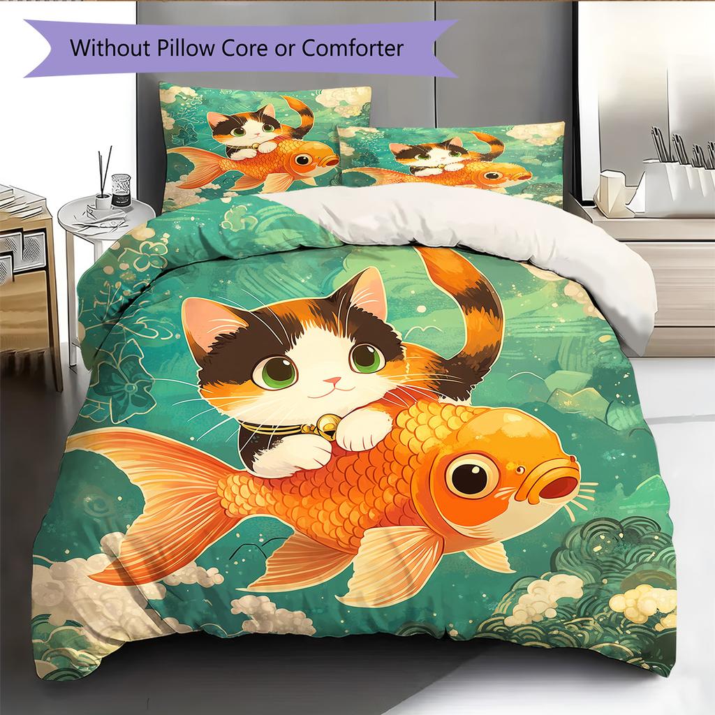 Cat and Fish Pattern Bedding Quilt Set Home Decoration Gift (1 * duvet cover + 2 * pillowcase without core)