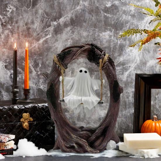 Halloween Ghost on Tree Swing Figurine Swinging Cartoon Ghost Statue Ornament Home Office Garden Patio Lawn Bookshelf Desktop Decoration