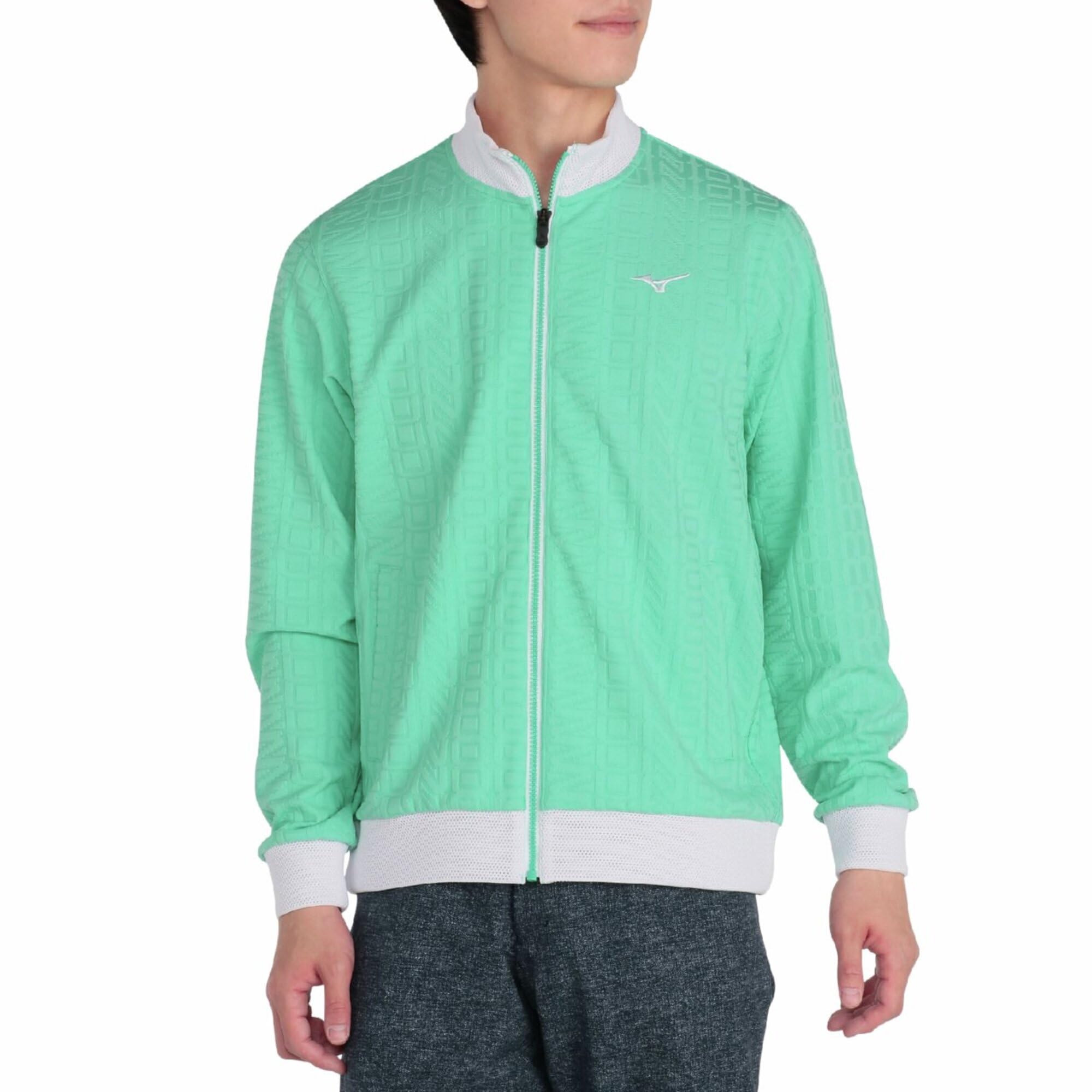 Mizuno Men s Golf Wear, Logo Jacquard, Long Sleeve, Full Zip-Up Blouson Jacket, UV Protection, Easy to Move In, Mint Green (E2MCC001)