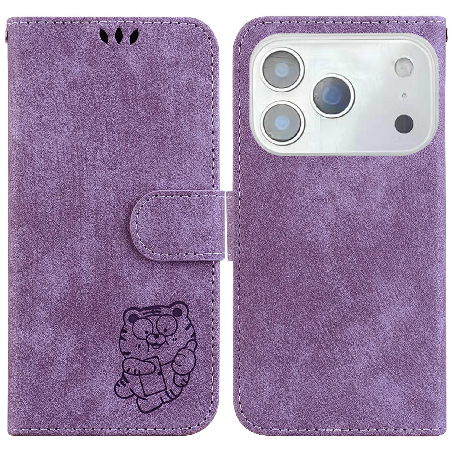 

For iPhone 17 Pro Max Wallet Case Tiger Imprint Leather Shockproof Phone Cover with Wrist Strap Purple