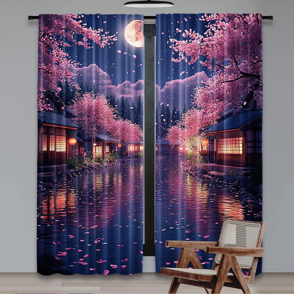 2 Stück Kirschblütenvorhang Japanischer Stil Vorhang Romantische Mondscheinnachtszenerie Rosa Blau Für Schlafzimmer Wohnzimmer Esszimmer