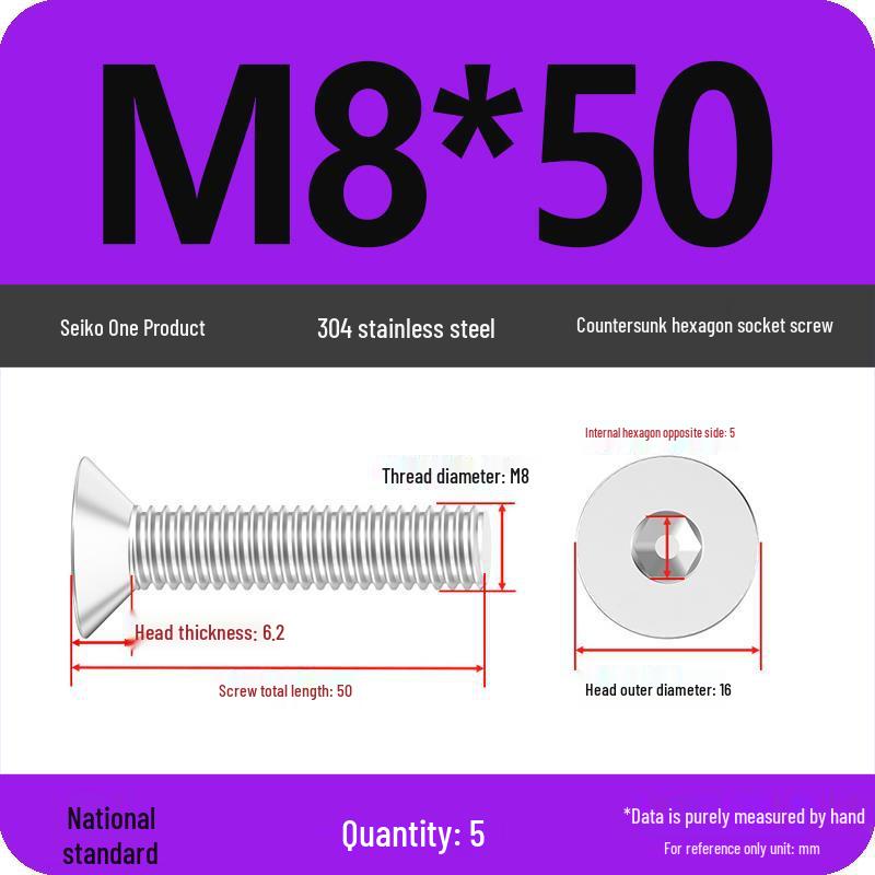 M2-M10 Stainless Steel Flat Head Machine Screws and Bolts Set, Countersunk Hex Socket Cap, 304 Grade.
