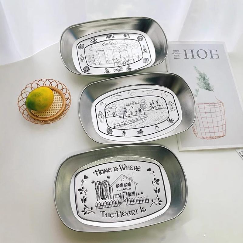 Metal Serving Dish Vintage Tinplate Dinner Plate Stainless Steel Serving Tray Round Seasoning Plates Set For Fruits For Dining