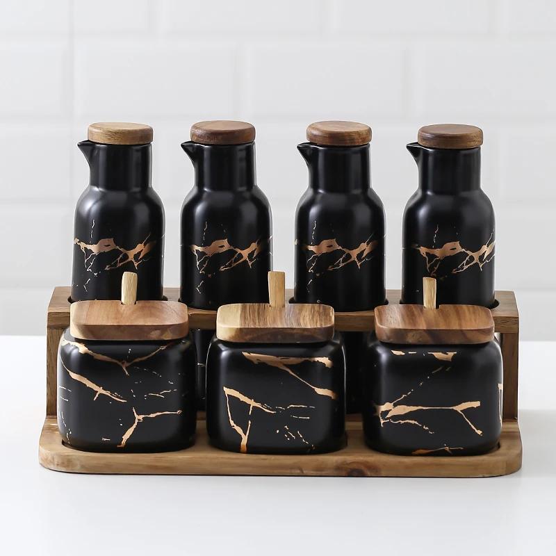 Matte Marble Pattern Ceramic Kitchen Spice Jar Oiler Set Wooden Cover Salt Shaker Spice Jar Kitchen Condiment Storage Rack Set