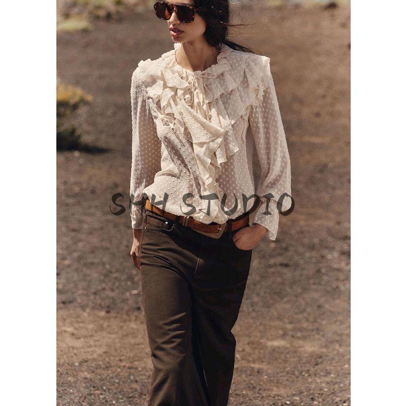 Spring New Women's Clothing Minimalist Round Neck Laminated Decoration French Tulle Long Sleeve Shirt Top 2275713