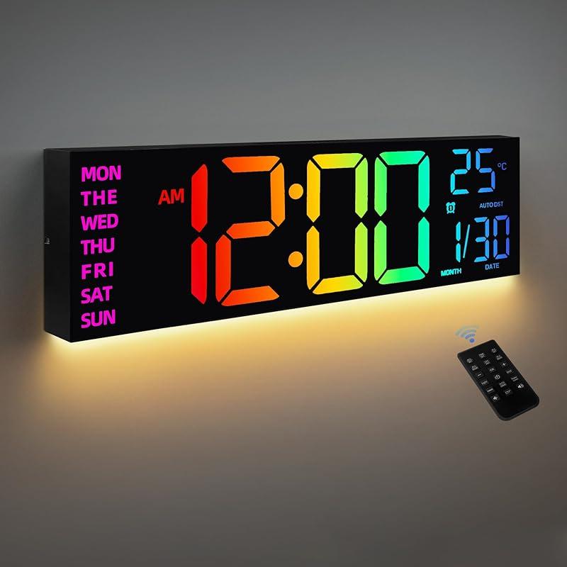 8 Colors Digital Wall Clock, 16.2" Large Digital Clock with Temperature, Date, Auto DST, Night Light, Auto Brightness Dimmer, 24/12-hour Wall Clock