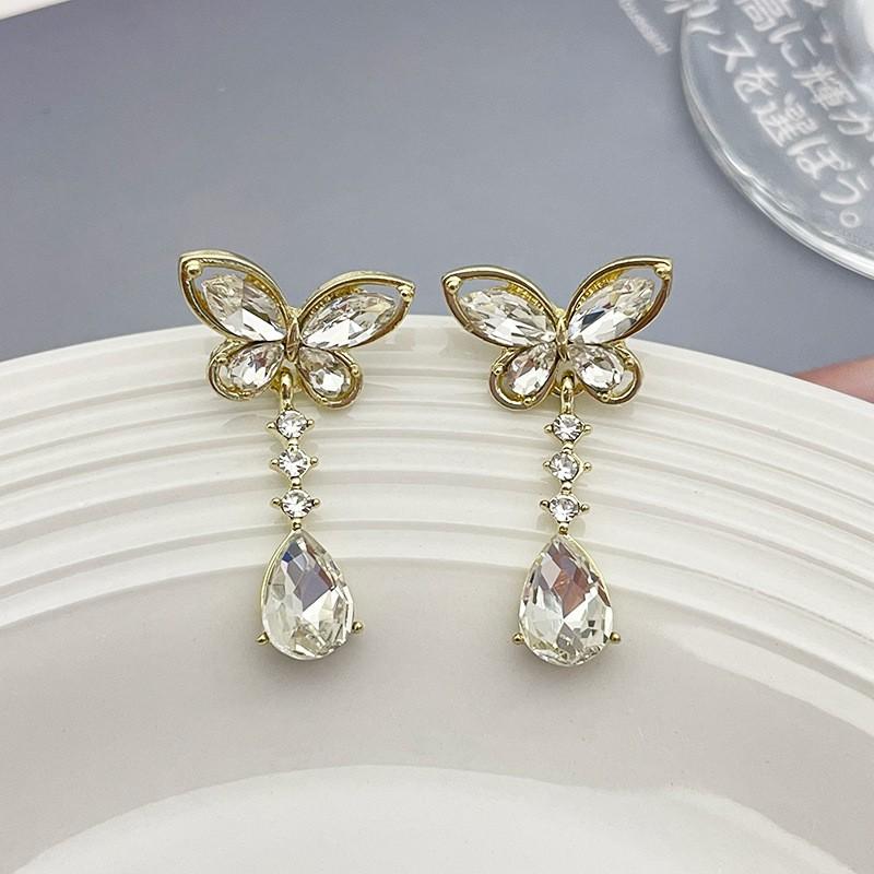 Korean Luxury Crystal Flower Butterfly Earrings For Women Sweet Zircon Drop Earrings Girls Party Jewelry Bijoux Gifts