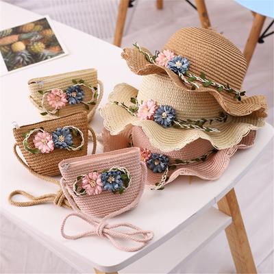 Casual Toddler Baby Straw Weaving Girls Summer Hat Wide Brim Hats Shoulder Bag Flower Sunshade Caps