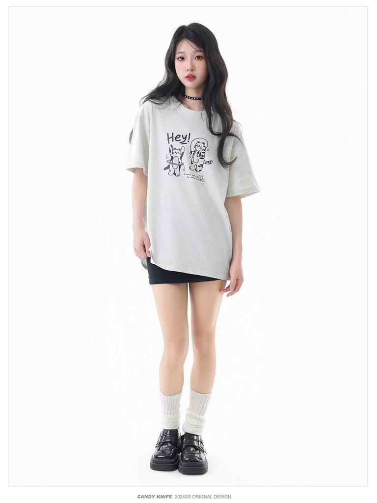 Unisex Summer Trend Cat Print Cotton Tee, Drop Shoulder, Loose Fit