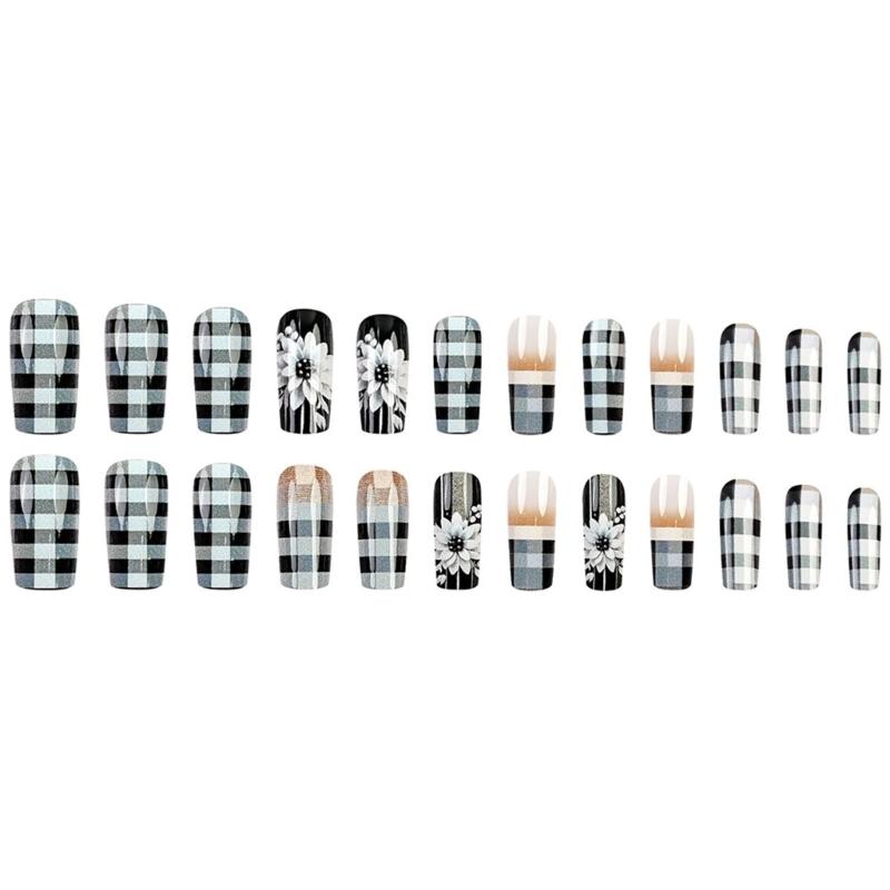 24 Pcs Checkerboard Press On Nail Medium Square False Nail White Flowers Acrylic Nail French Full Cover Stick On Nail