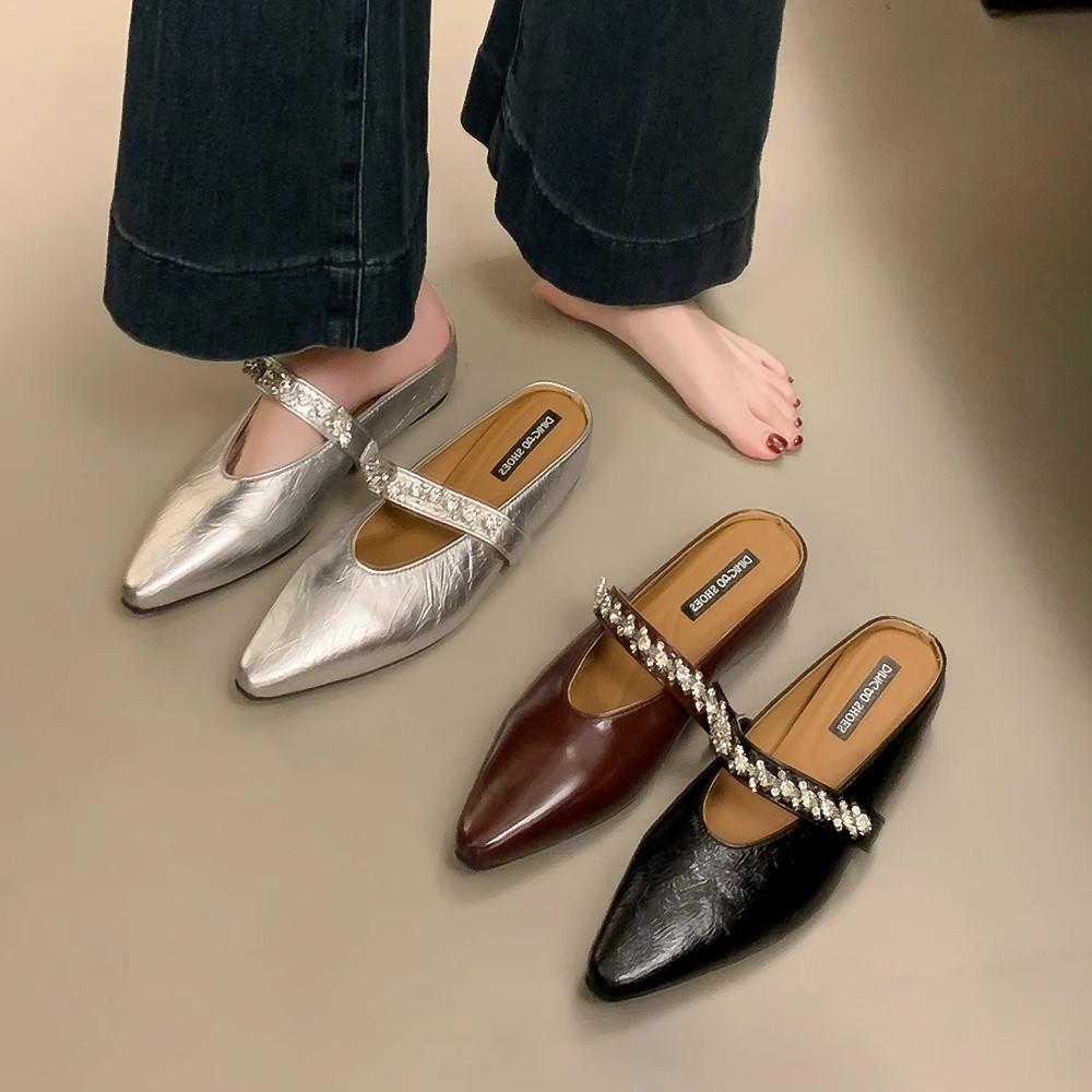 French Outer Wear Niche Rhinestone Bag Head Half Slippers Women's Shoes 2025 New Summer Height Increase Muller Cool Slippers