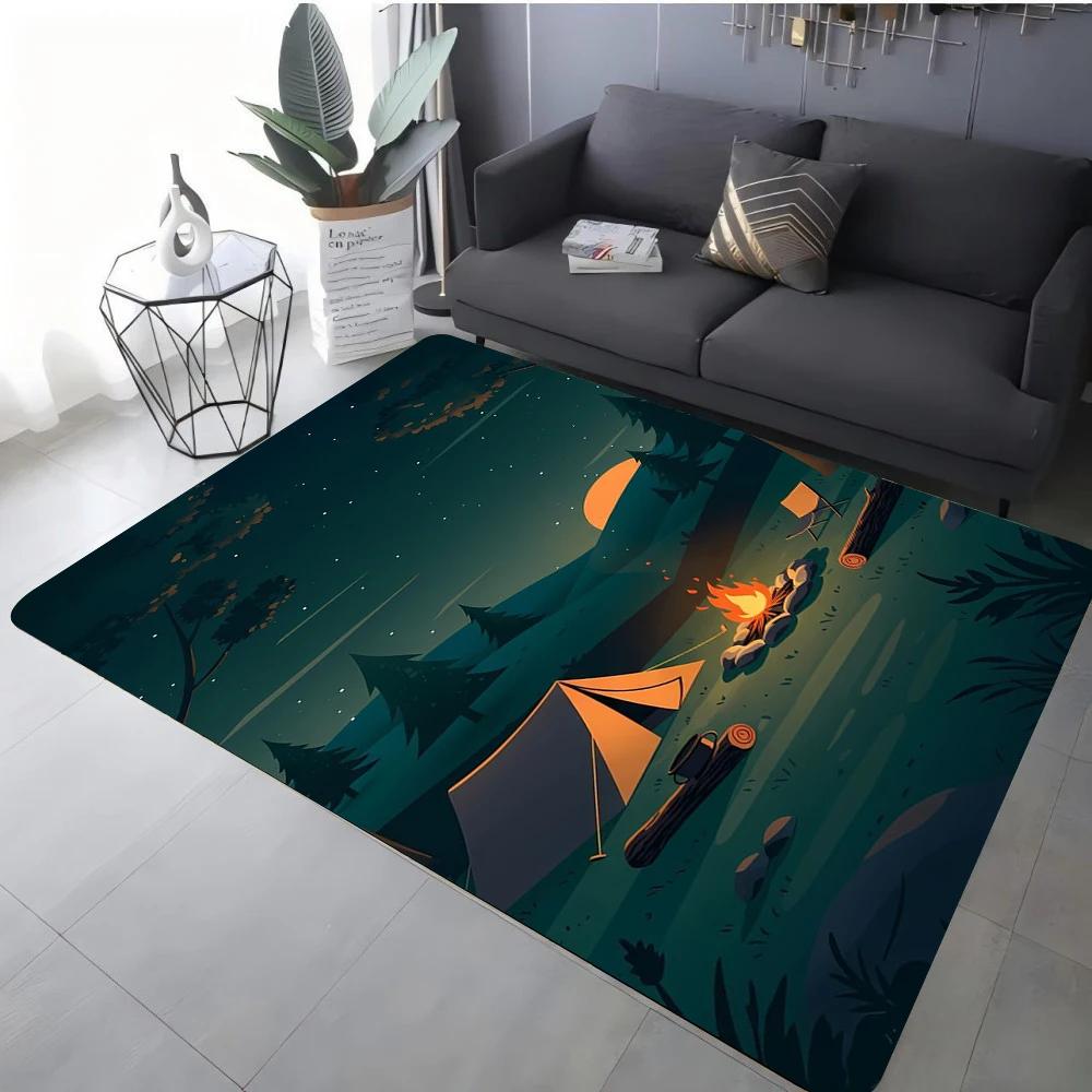 Camping Theme Carpet Various Styles With Night Campfire Tent Moon Mountain Palm Tree Art Designs Rug For Living Room Decor