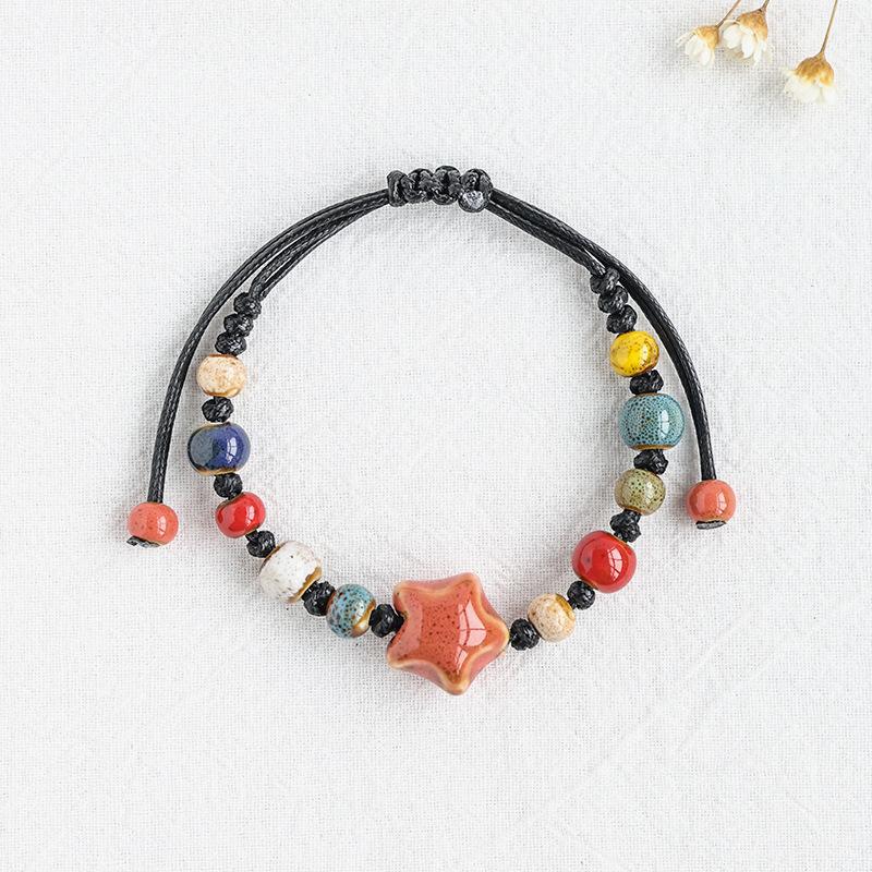 Kaseakia Handmade STAR Vintage Ceramic Stone Beads Wax Cord Adjustable Beaded Bracelets Bohemian Boho Jewelry for Women