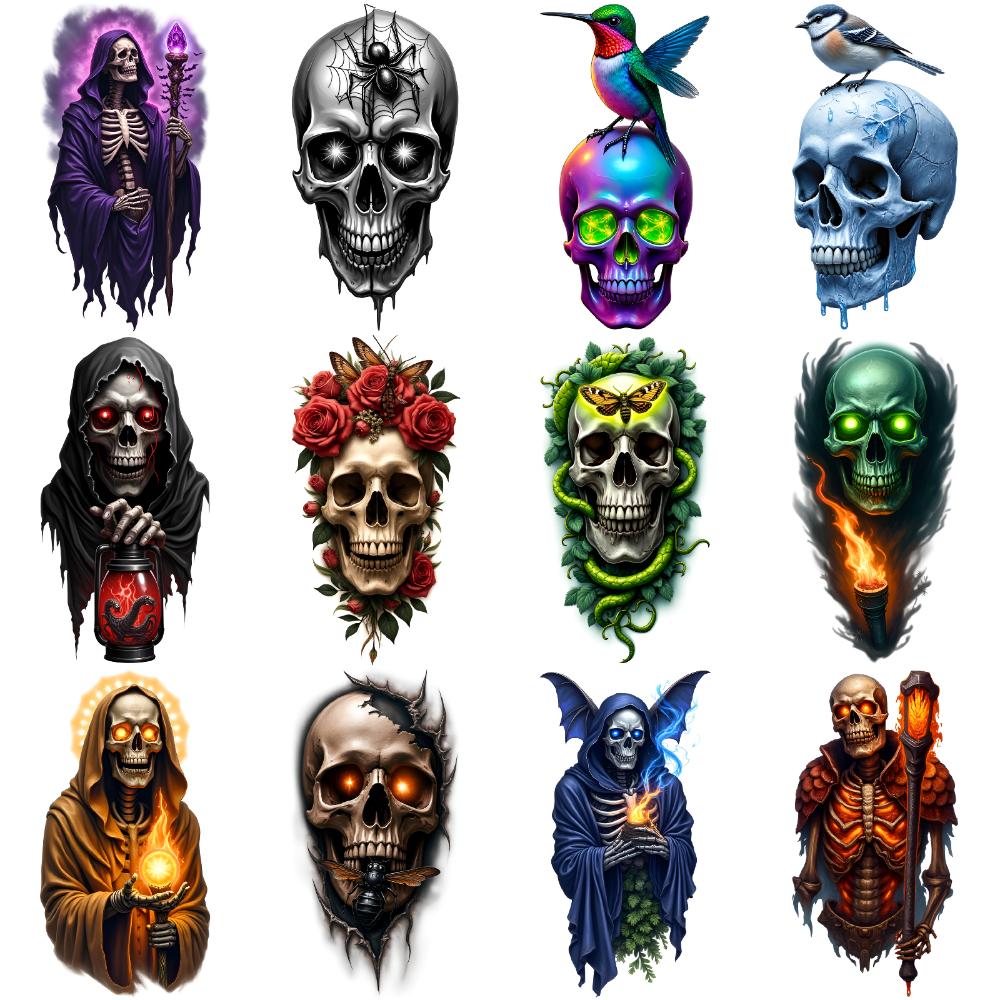 12pcs Temporary Tattoo Skull Designs Waterproof Long-lasting Body Stickers Skeleton Figures Realistic Temporary Tattoos For