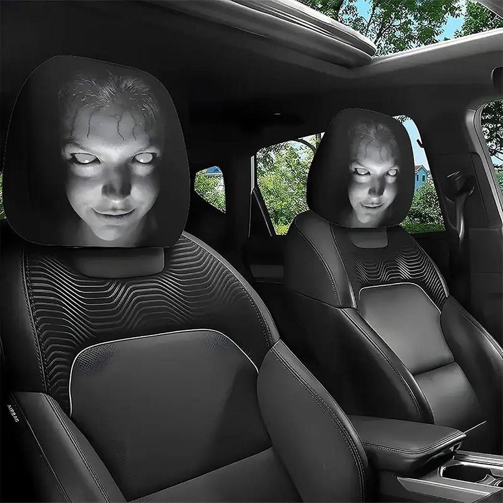 2 Pezzi Coprisedile Auto con Stampa Faccia Spaventosa Nero Protezione Poggiatesta Auto Copri Poggiatesta Auto Halloween