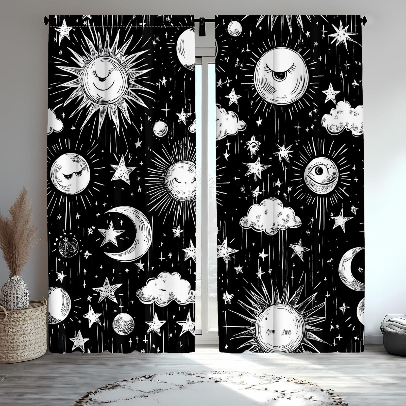 

Set Of 2 Boho Classic Mystic Witch Polyester Curtains Sun Moon Star Mandala Print Black White Bedroom Decorative Drapes Curtain Ideal For Decor W100*H70(CM)-Grommet top&2PCS