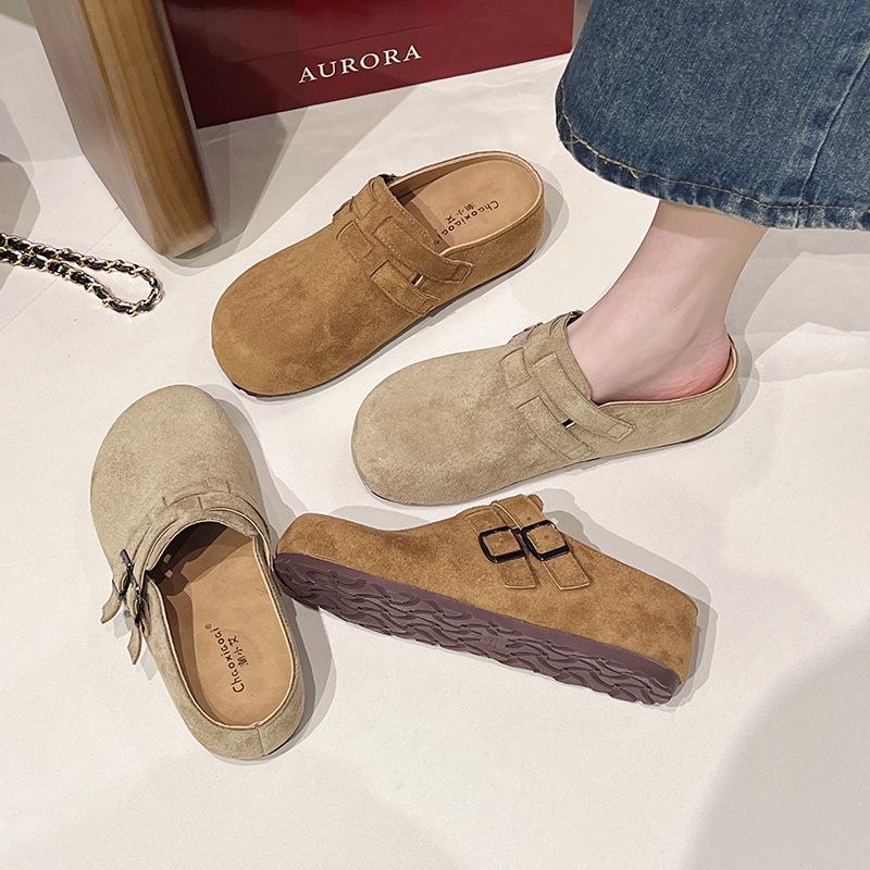 Retro inner height increase drag women wear new one-word buckle lazy one pedal bag head half drag