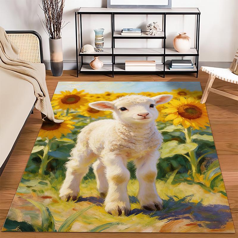 Cute Lamb and Sunflowers Artistic Print Carpet for Living Room Decor Suitable for use as an anti-slip for living room bedroom sofas