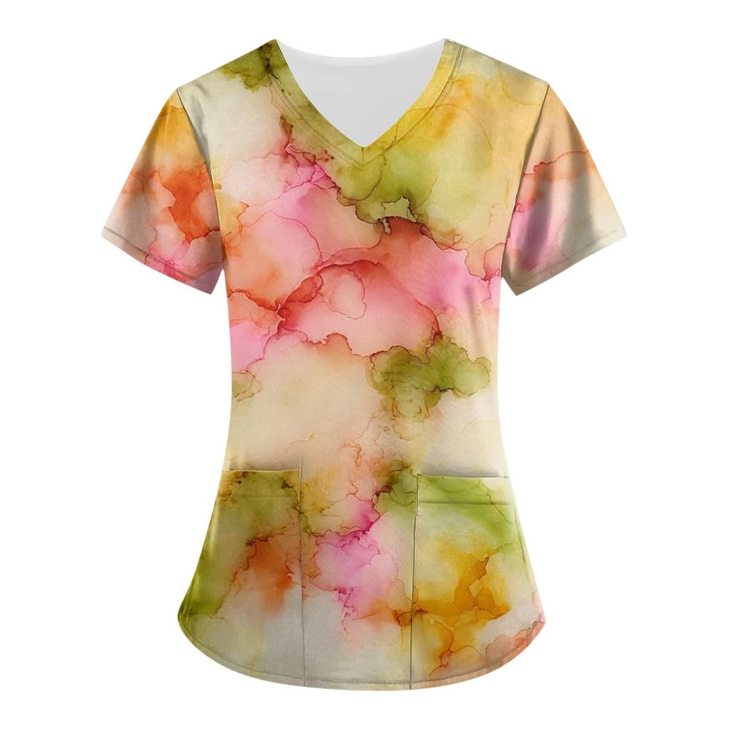 Damen bedruckte Kurzarm-Oberteile mit V-Ausschnitt, Arbeitsuniform, Taschenbluse