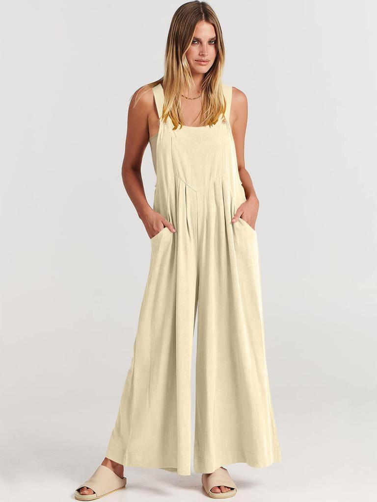 2023 European & American Women's Solid Color Casual Cotton Linen Strappy Jumpsuit