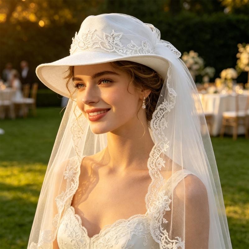 Elegant White Veil Cowboy Cap Wool Cosplay Hat for Western Theme Weddings and Outdoor Celebration Gathering Wear