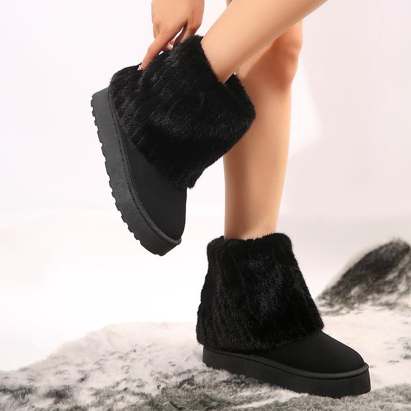 Cotton boots thick-soled round head flanged hairy trousers mid-tube women's boots autumn and winter new foreign trade large-size women's snow boots