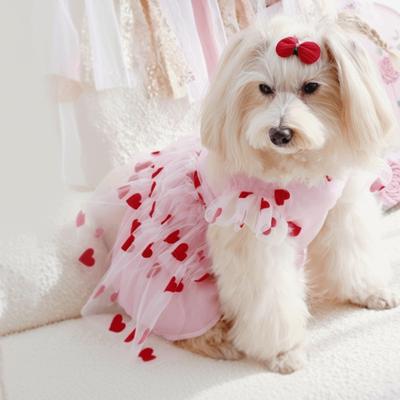 Hund Tüllrock mit Rüschenbesatz Dünn Atmungsaktiv Welpen Hochzeitskleid Kleid mit Liebesmuster Party Outfits