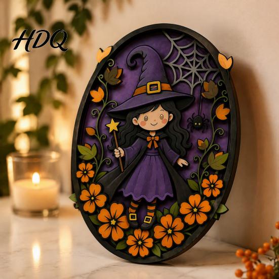 Halloween Wall Decor Oval Sign Layered Wooden Cute Ghost Bat Spooky Home Decorations Pumpkin Witch Designs Festive Art Decoration for Interior Retro