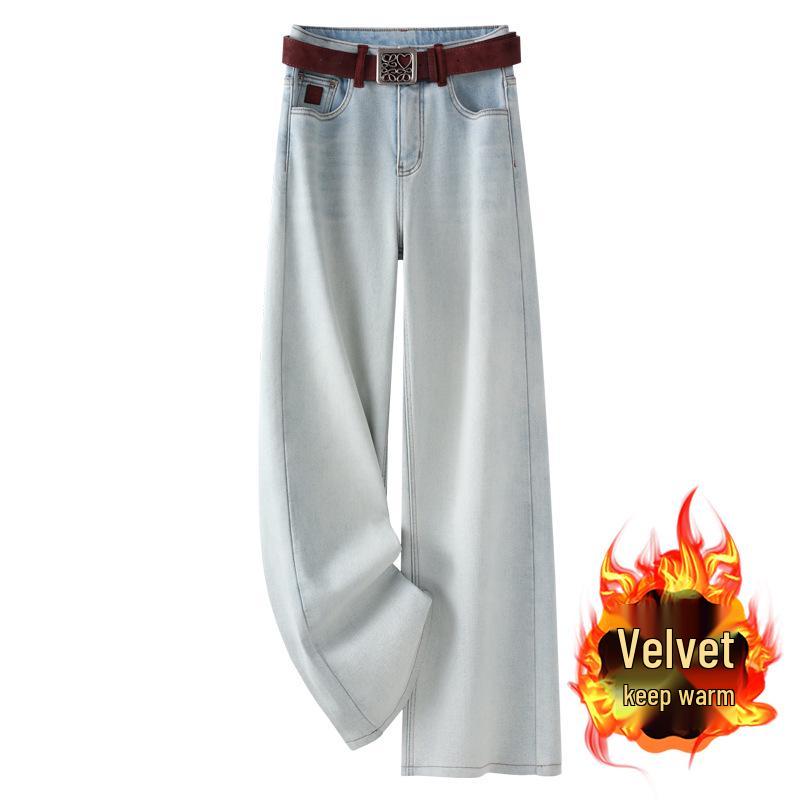 

Women s Light Blue Fleece-Lined Jeans, Autumn/Winter 2024, Convertible Narrow/Wide-Leg, Retro Loose, High-Waisted, Straight-Leg Pants L